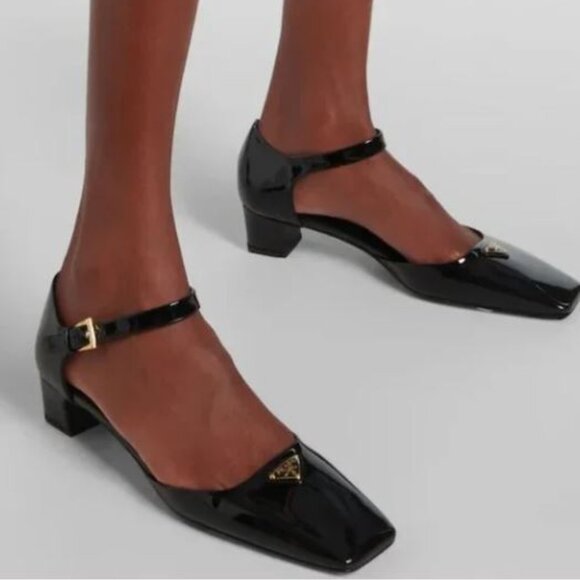 NWB PRADA Modellerie Black Ankle Strap Kitten Heel d'Orsay Pumps Logo - Picture 1 of 7